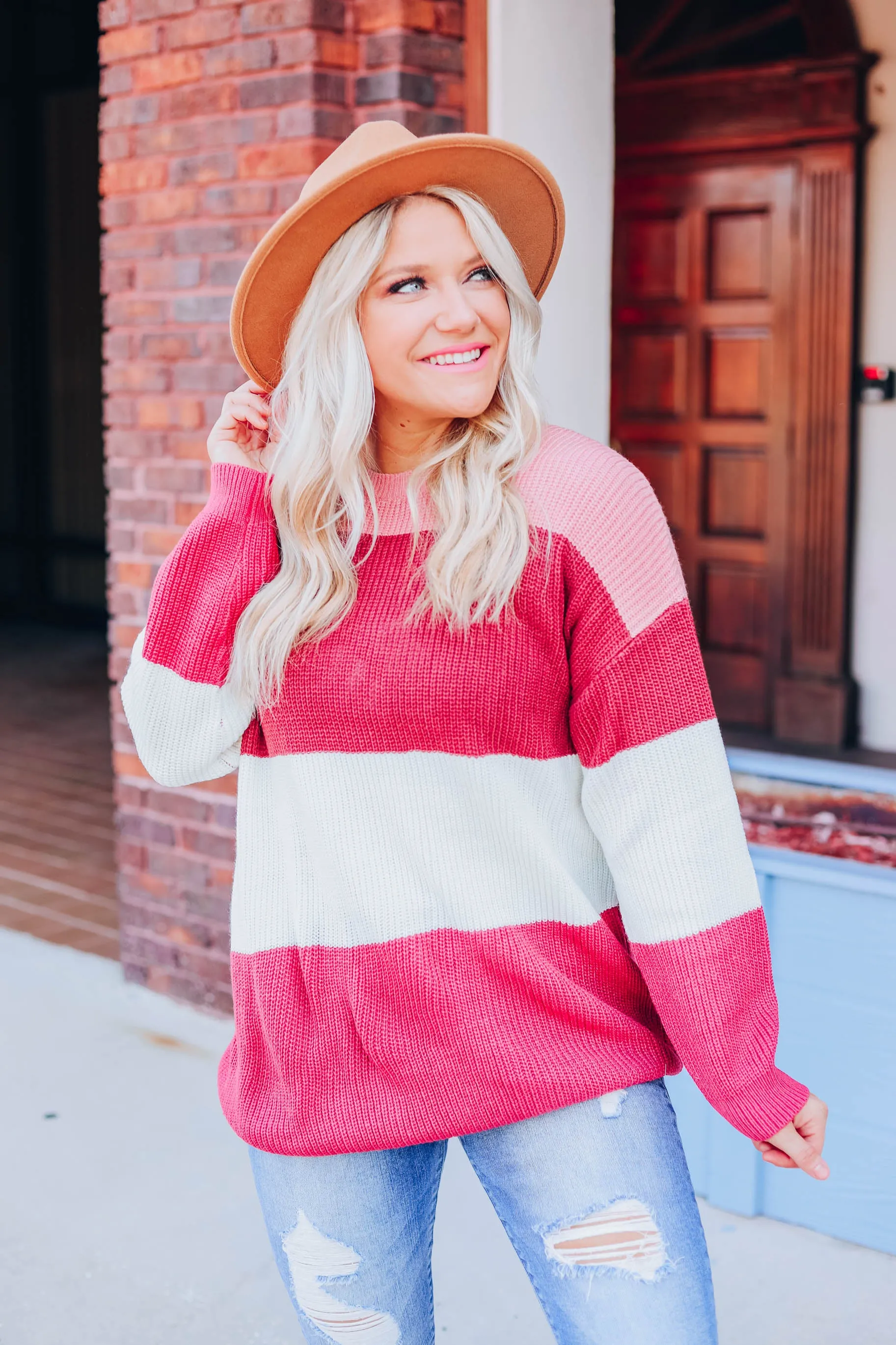 Striped Crew Neck Sweater - Mauve S-3X
