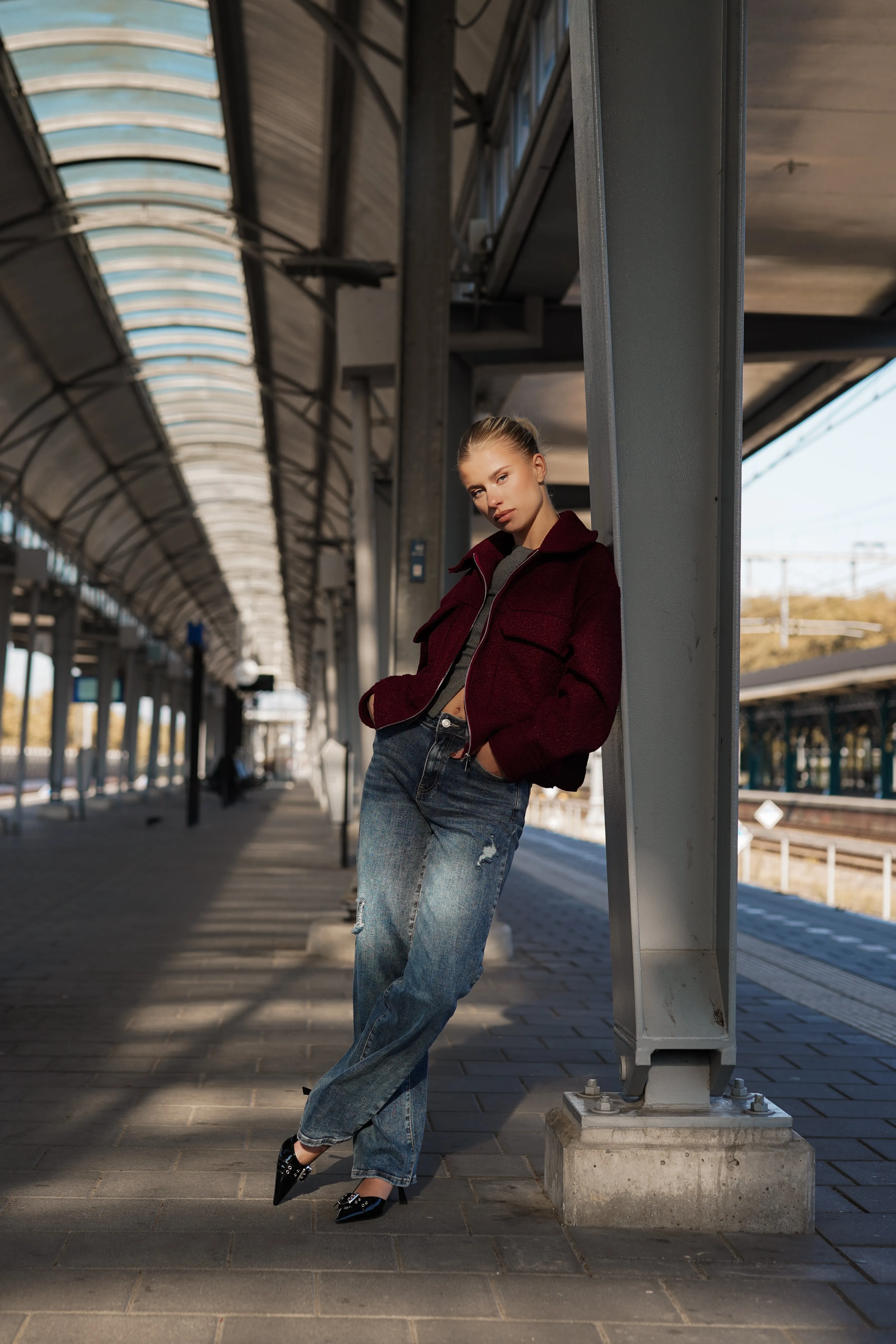 Teddy bomber jacket met rits burgundy - Xaja