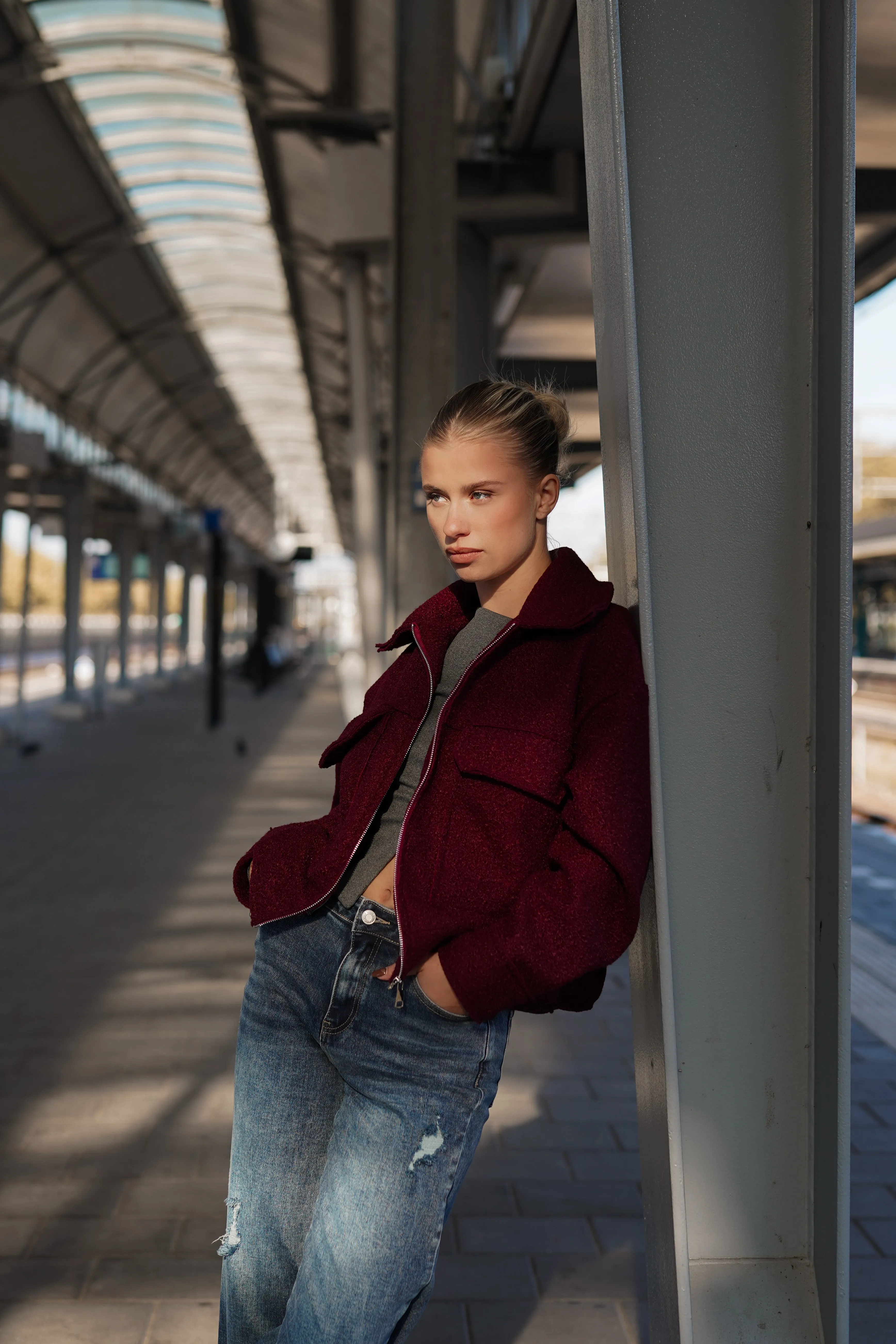 Teddy bomber jacket met rits burgundy - Xaja