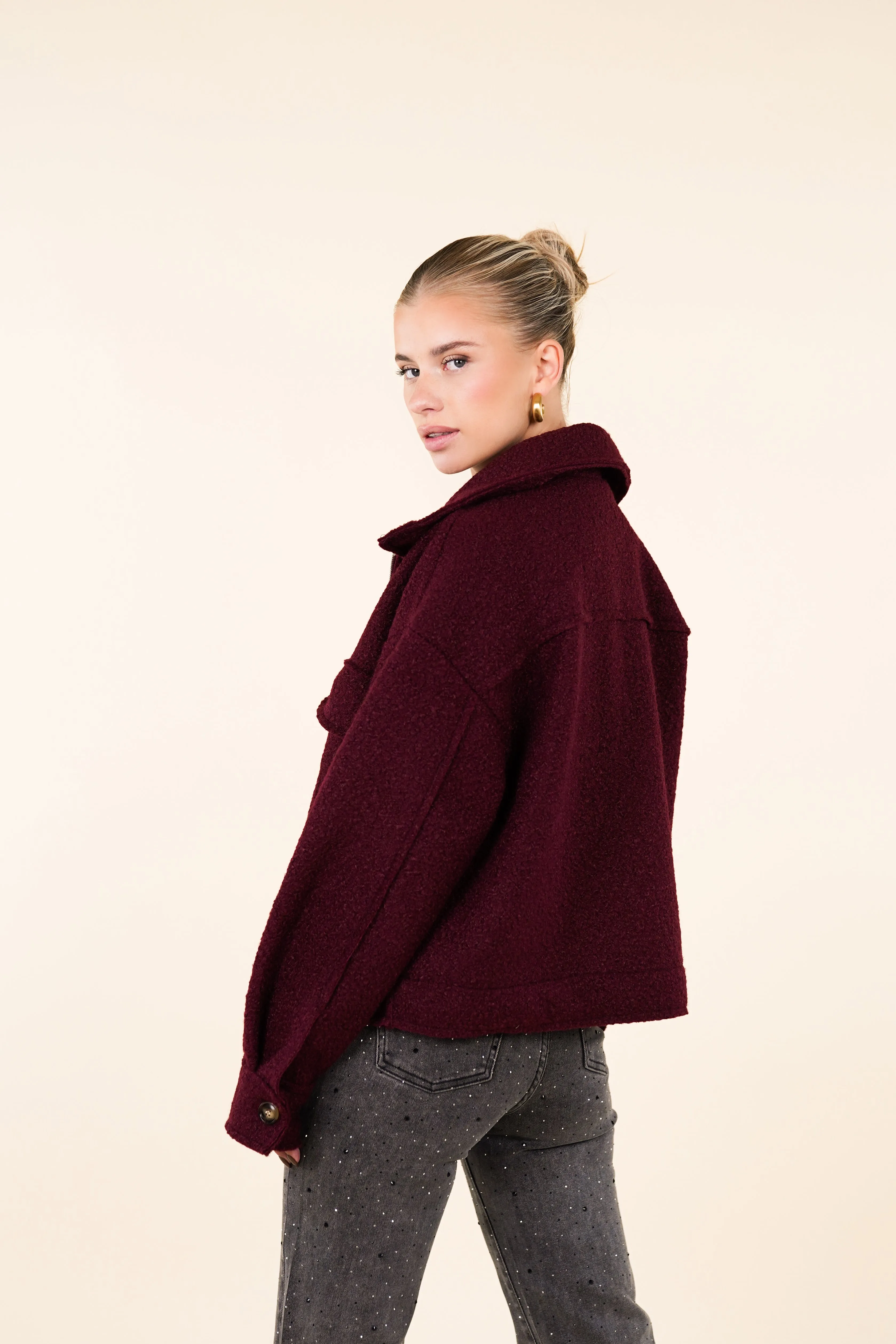 Teddy bomber jacket met rits burgundy - Xaja