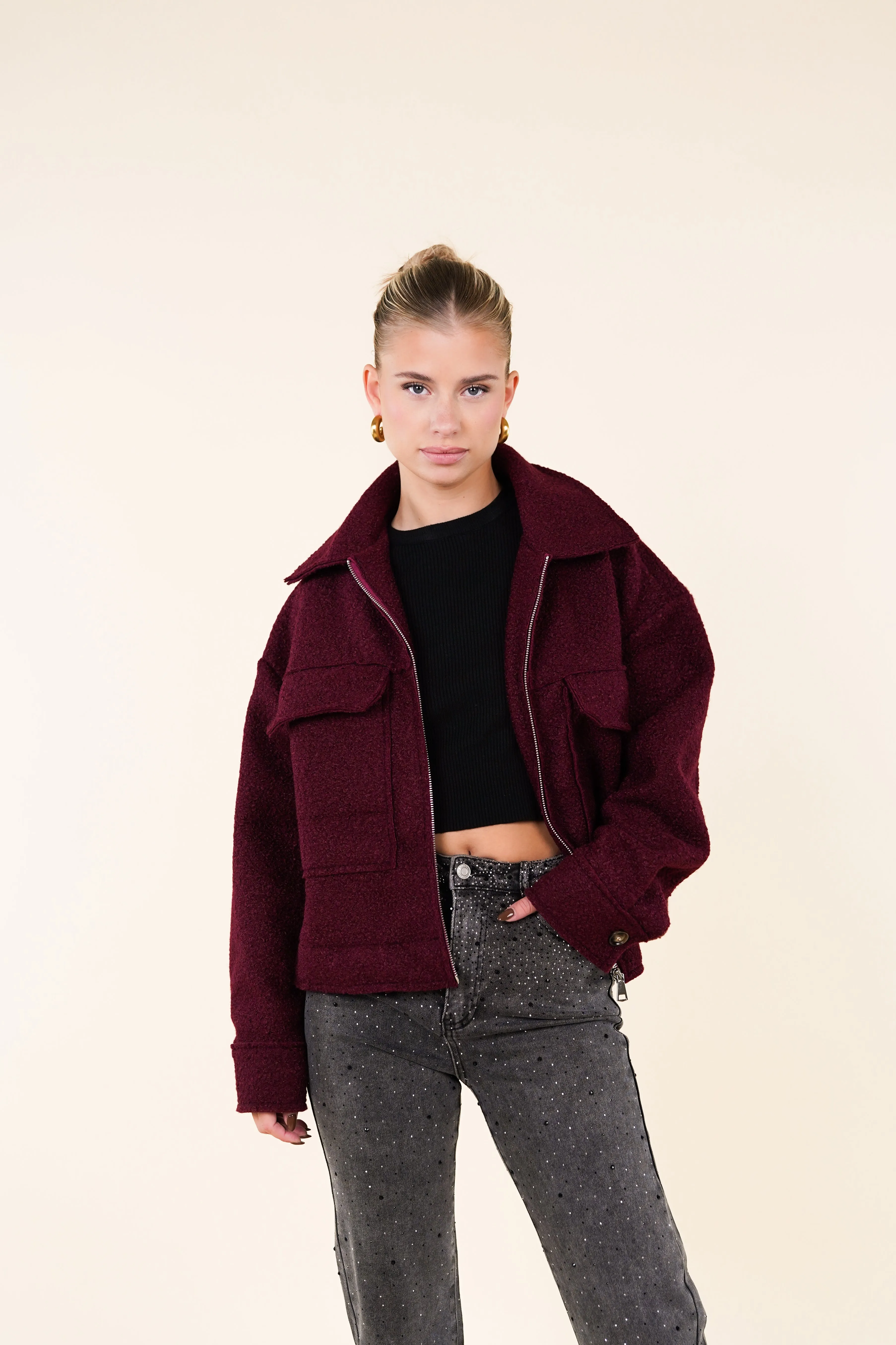 Teddy bomber jacket met rits burgundy - Xaja