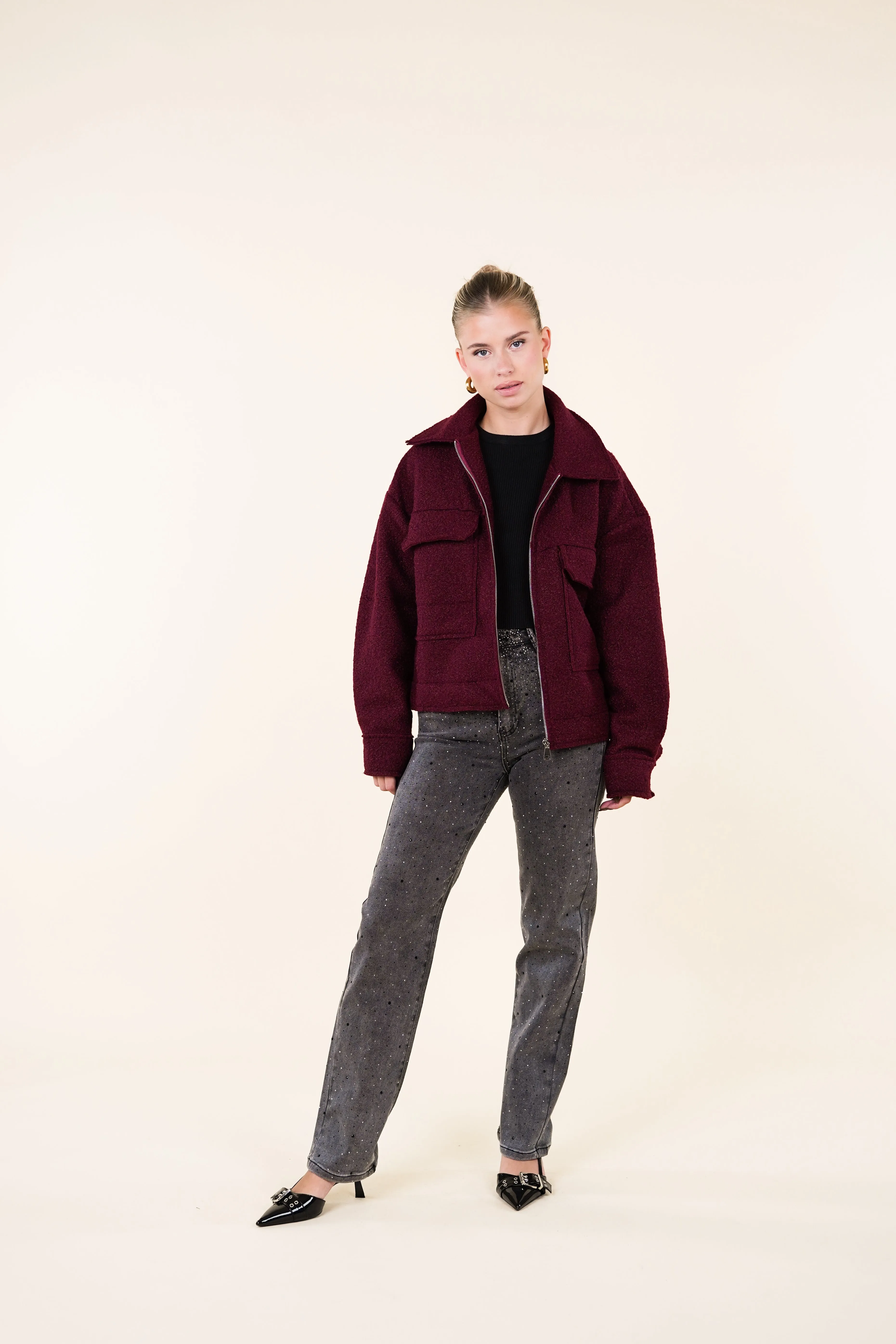 Teddy bomber jacket met rits burgundy - Xaja