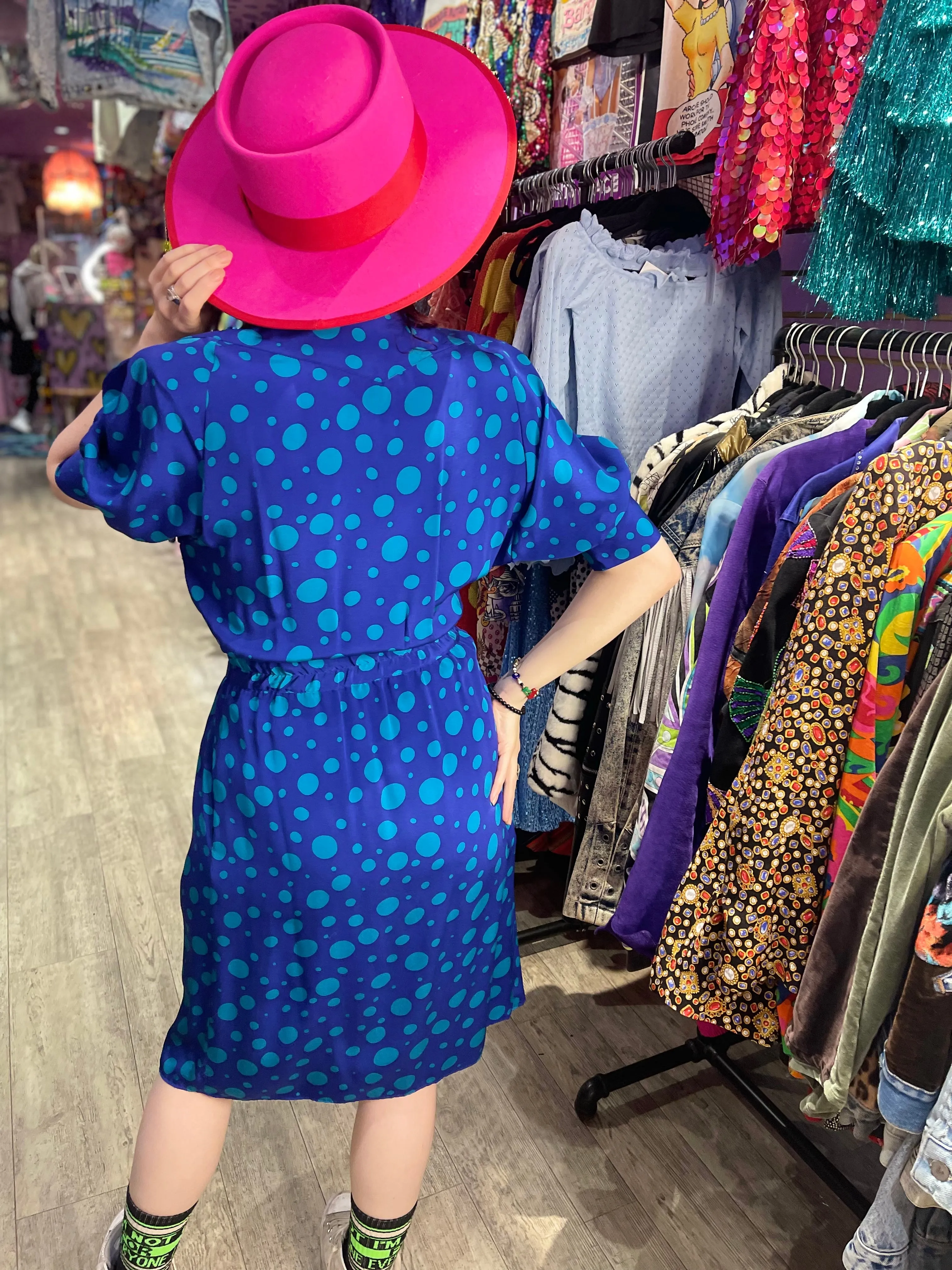 Vintage 80s Blue Green Dot Dress