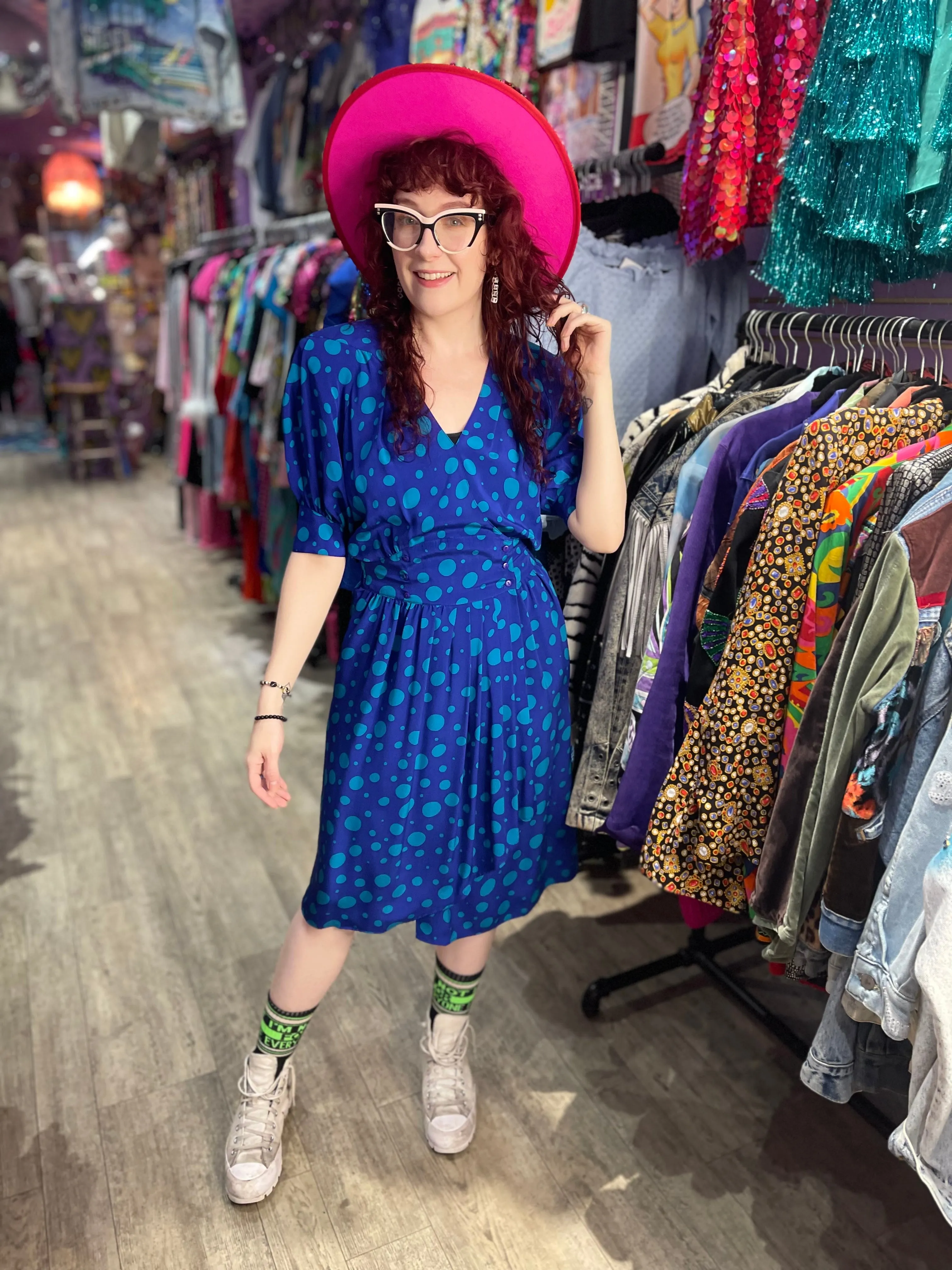 Vintage 80s Blue Green Dot Dress