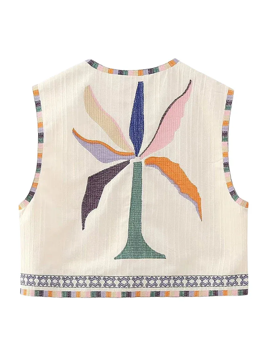 Women Boho Rhapsody Embroidered Vest Cropped Waistcoat