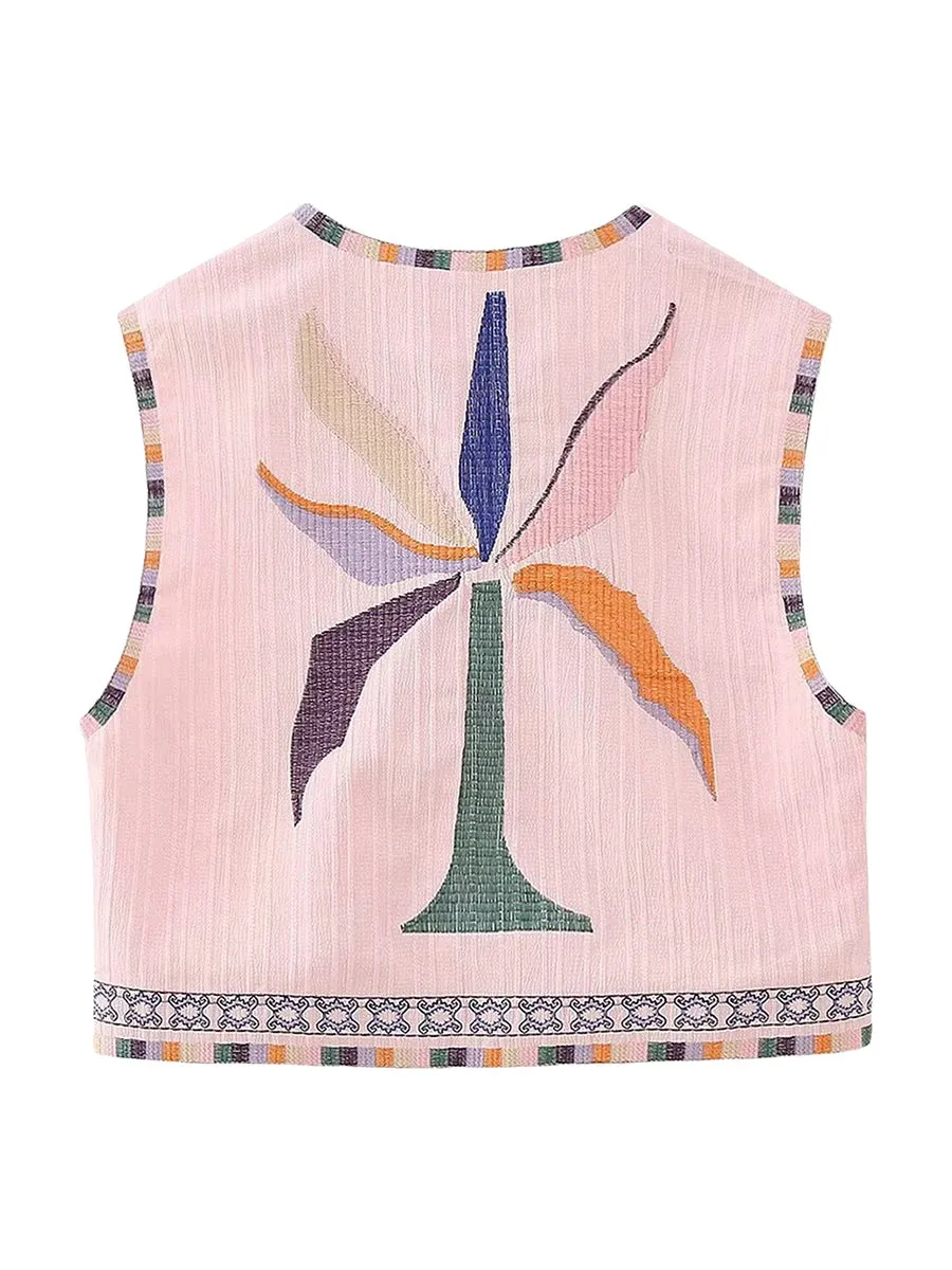 Women Boho Rhapsody Embroidered Vest Cropped Waistcoat