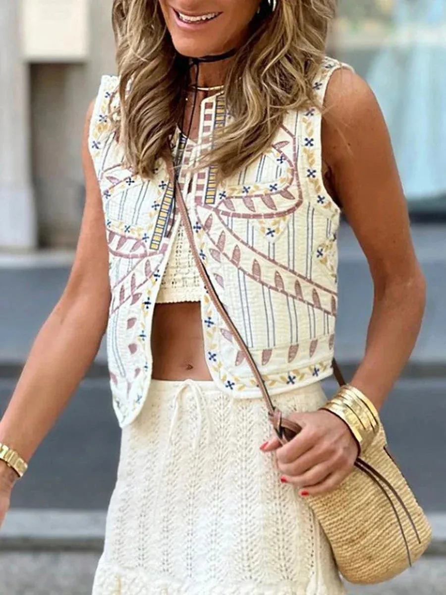 Women Boho Rhapsody Embroidered Vest Cropped Waistcoat