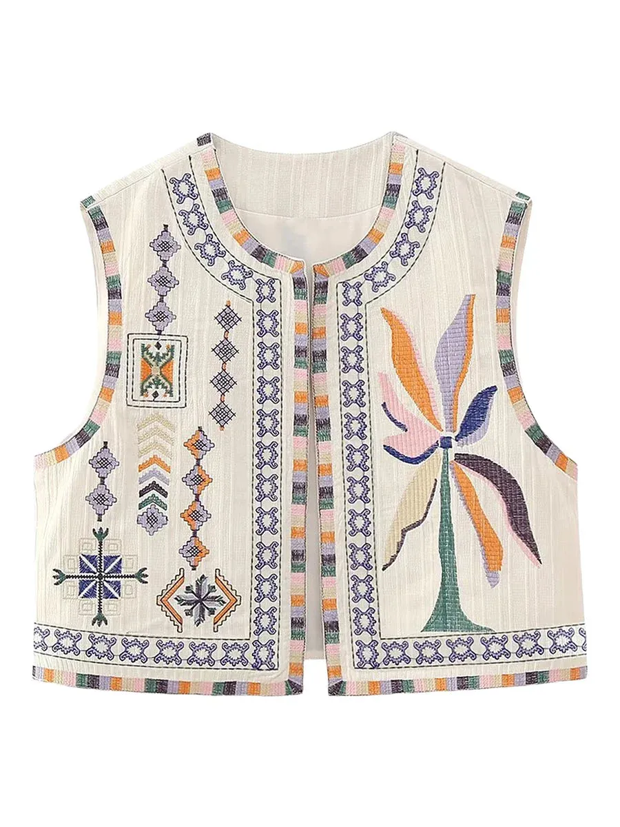 Women Boho Rhapsody Embroidered Vest Cropped Waistcoat