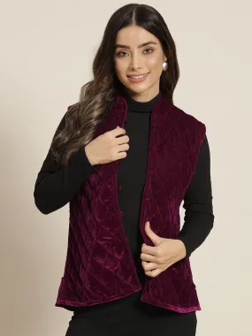 Women Burgundy Velvet Sleeveless Quilted Jacket
